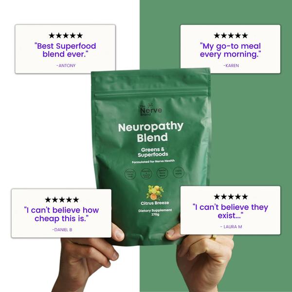 A 1:1 square ad layout showcasing a greens powder bag surrounded by four distinct, five-star customer testimonial cards.